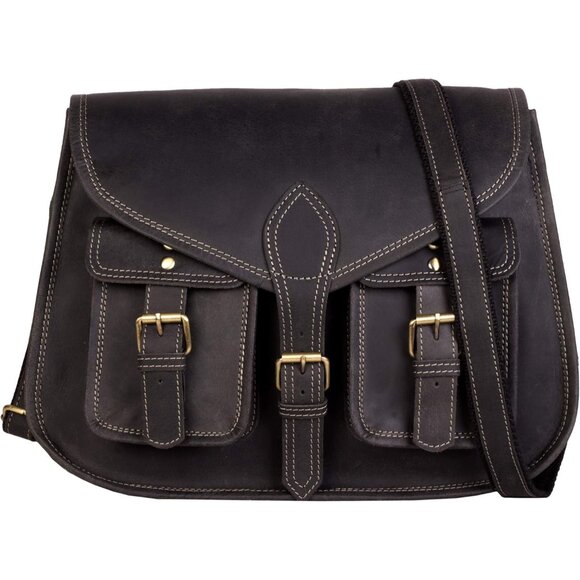 Women Charcoal Black Crossbody Satchel Ladies Tote Travel Leather Shoulder Bag - Picture 3 of 9